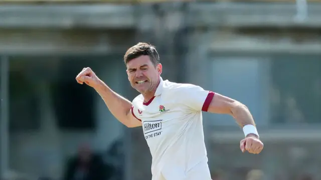 James Anderson celebrating taking a wicket for Lancashire.