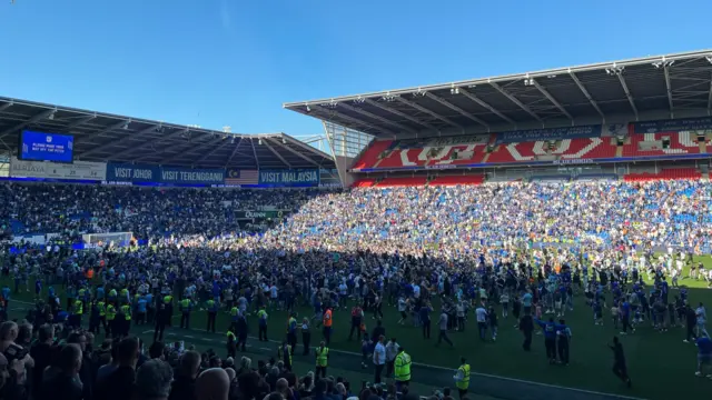 Cardiff fans on the pitch at Cardiff City Stadium