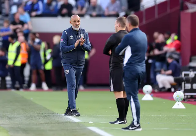 Nuno Espirito Santo, Manager of West Ham United, celebrates on the final whistle