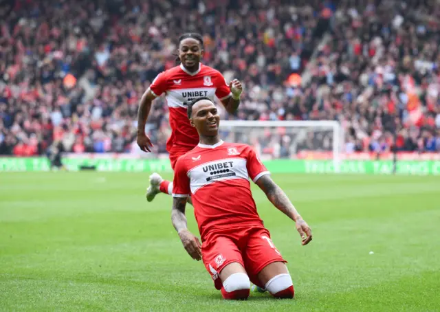 Morgan Whittaker celebrates giving Middlesbrough the lead against Watford