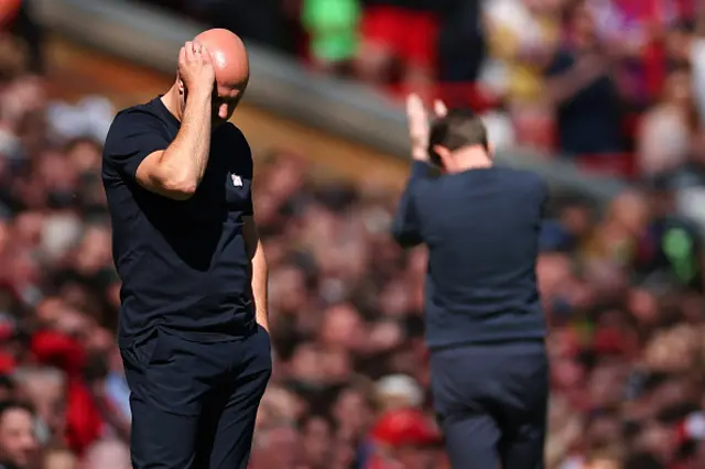head coach of Liverpool, Arne Slot reacts, looks down
