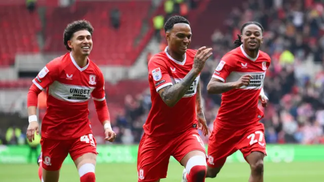 Morgan Whittaker celebrates giving Middlesbrough the lead against Watford