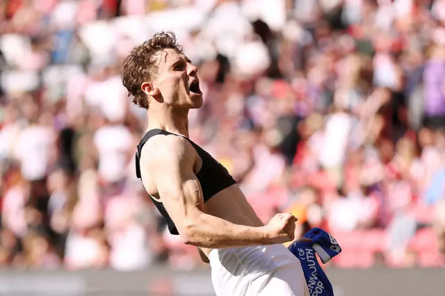 Adrian Segecic celebrates his hat-trick for Portsmouth at Stoke