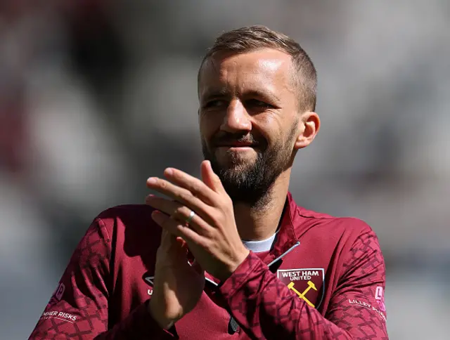 Tomas Soucek of West Ham United applauds the fans