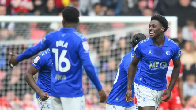 James Abankwah celebrates scoring for Watford at Middlesbrough