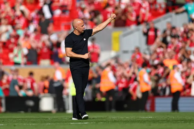 Arne Slot manager / head coach of Liverpool celebrates at full time