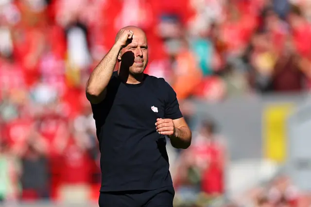 Arne Slot manager / head coach of Liverpool celebrates at full time