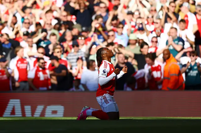 Eberechi Eze of Arsenal celebrates scoring his team's first goal