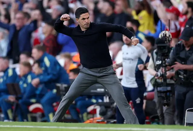 Mikel Arteta, Manager of Arsenal, celebrates victory at full time