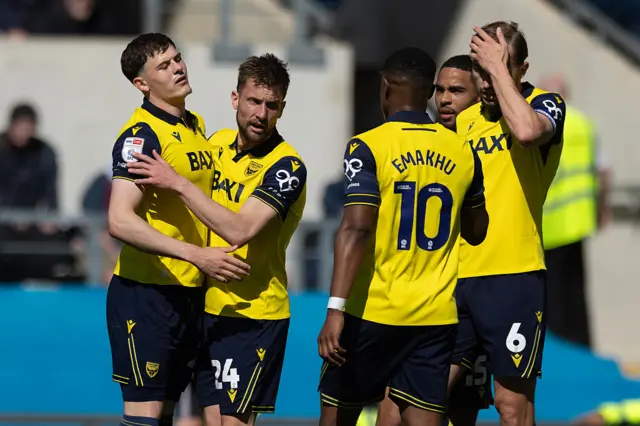 Oxford United players celebrate Will Lankshear's second goal against Sheffield Wednesday