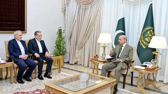 Pakistani Prime Minister Shehbaz Sharif (R) attending a bilateral meeting with Iranian Foreign Minister Abbas Araghchi (2-L) in Islamabad, Pakistan