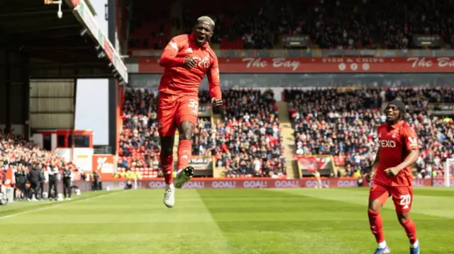 Aberdeen’s Afeez Aremu celebrates after scoring to make it 1-0