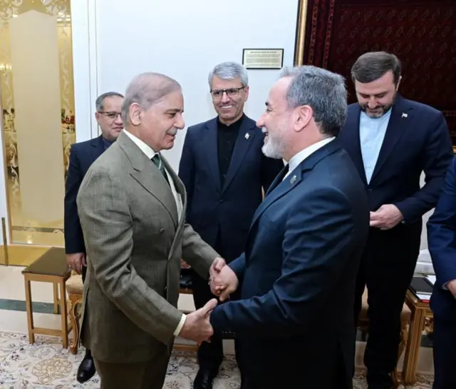 Pakistan's Prime Minister Shehbaz Sharif greeting Iranian Foreign Minister Abbas Araghchi