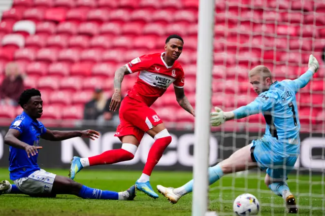 Middlesbrough's Morgan Whittaker scores to make it 3-1 against Watford