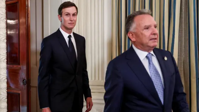 Jared Kushner and White House Special Envoy Steve Witkoff arrive to attend a joint press conference held by U.S. President Donald Trump and Israeli Prime Minister Benjamin Netanyahu, in the State Dining Room at the White House, in Washington, D.C., U.S., September 29, 2025.