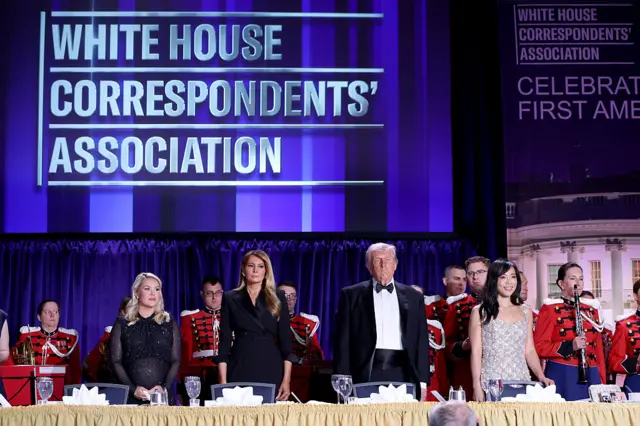 From left to right: White House Press Secretary Karoline Leavitt, Melania Trump, U.S. President Donald Trump, and Weijia Jiang, President of the White House Correspondents Association