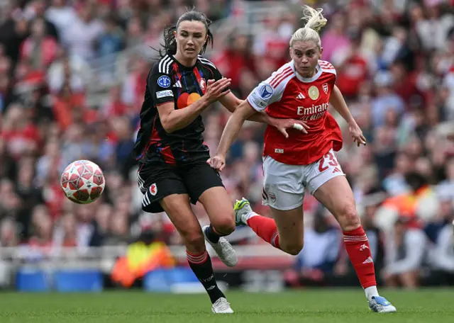Ingrid Syrstad Engen clashes with Arsenal's English striker Alessia Russo
