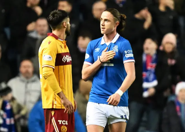 Thelo Aasgaard celebrates his Rangers goal against Motherwell