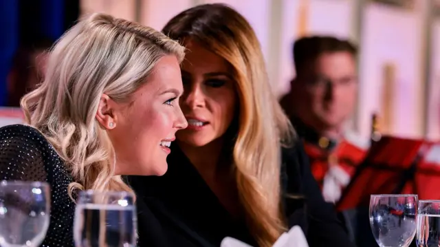 U.S. first lady Melania Trump and White House Press Secretary Karoline Leavitt attend the annual White House Correspondents' Association dinner in Washington