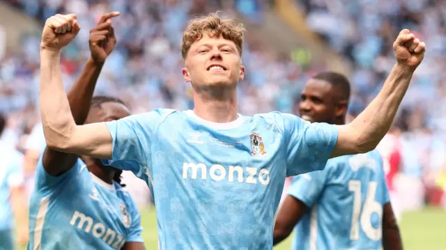 Coventry's Victor Torp celebrates scoring from a free-kick