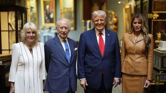 President Donald Trump and First Lady Melania Trump pose with King Charles and Queen Camilla as they bid their farewells at Windsor Castle during a visit on 18 September 2025 in Windsor, England.