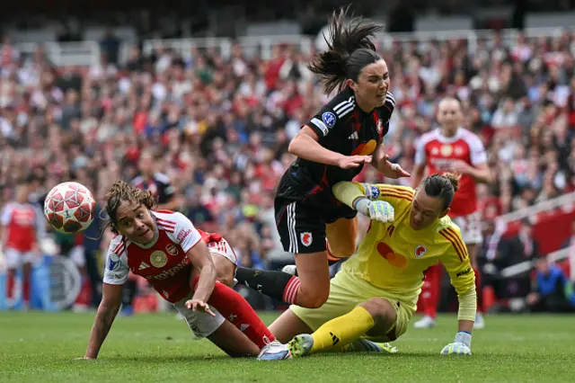 Christiane Endler, Lyon's Norwegian midfielder Ingrid Syrstad Engen and Arsenal's Canadian midfielder Olivia Smith clash as the ball goes lose