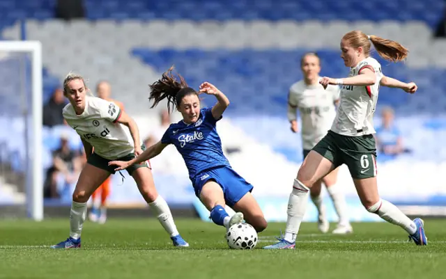 Sjoeke Nuesken of Chelsea is challenged by Clare Wheeler of Everton