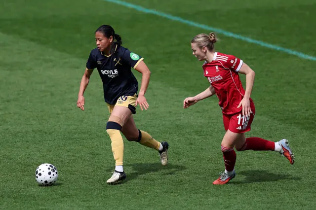 Ylinn Tennebo of West Ham United is challenged by Beata Olsson of Liverpool