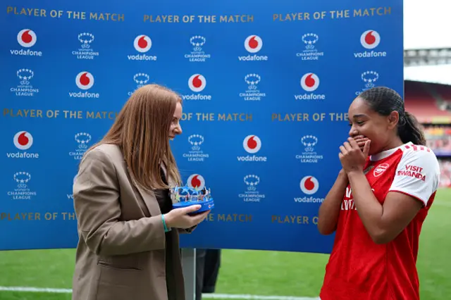 Olivia Smith of Arsenal is presented with the Vodafone Player of the Match trophy