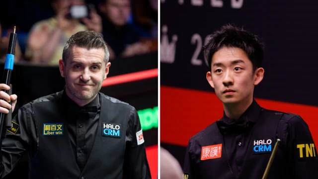 Split picture of Mark Selby and Wu Yize