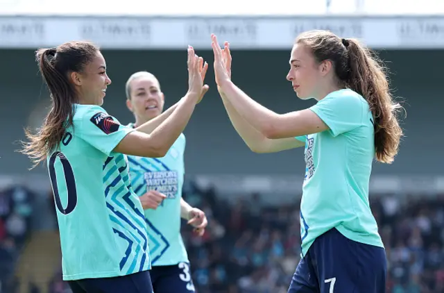 Lucia Corrales (R) of London City Lionesses celebrates scoring her team's first goal with teammate Delphine Cascarino