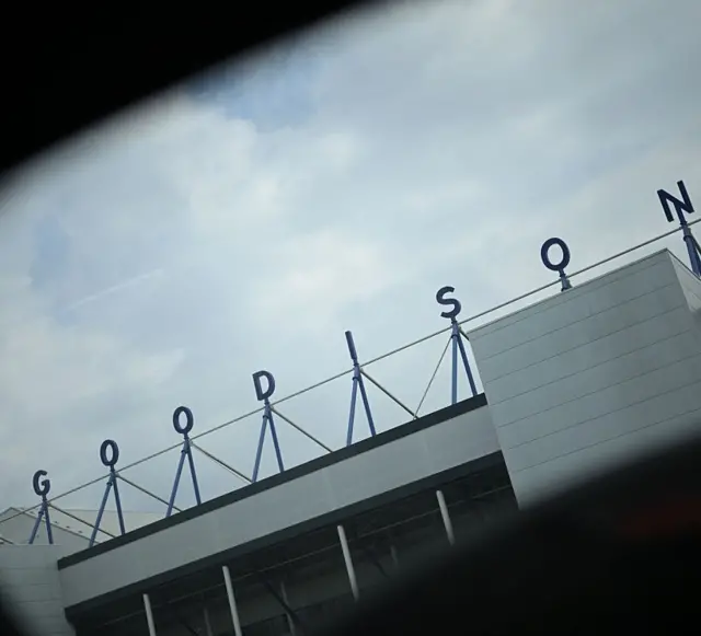 Goodison Park out of a car window