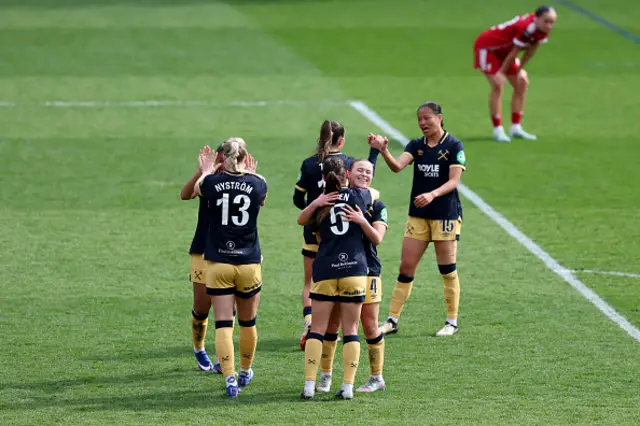 Oona Siren and Tuva Hansen of West Ham United celebrate the teams victory