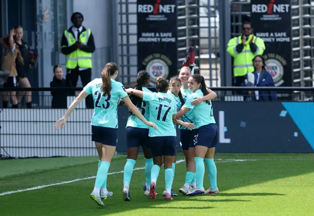 Malou Marcetto of London City Lionesses (R) celebrates scoring her team's third goal