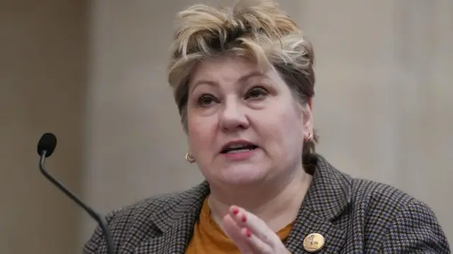 Dame Emily Thornberry speaking into a microphone