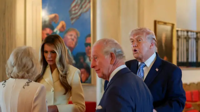 US President Donald Trump and first lady Melania Trump host Britain's King Charles and Queen Camilla for afternoon tea at the White House in Washington, D.C., U.S., April 27, 2026.