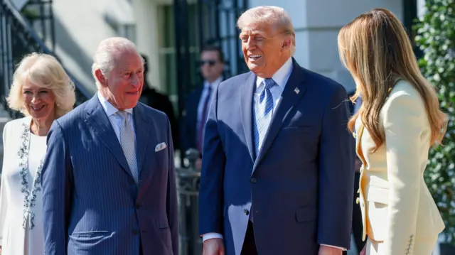 U.S. President Donald Trump and first lady Melania Trump welcome Britain's King Charles and Queen Camilla on the day of an afternoon tea on the South Lawn of the White House in Washington, D.C., U.S., April 27, 2026.