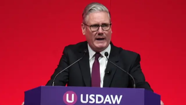 Keir Starmer speaking at the USDAW trade union conference on 27 April 2026