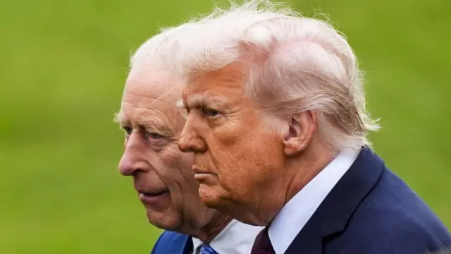 A profile shot of King Charles and Donald Trump standing side by side against a green background.