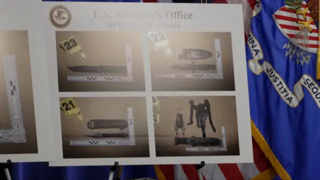 Closer photo of a poster board with photos of knives on it