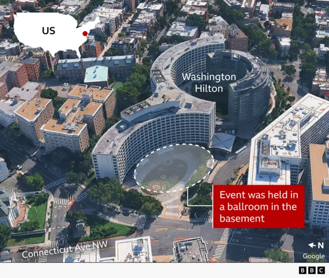 Aerial view of the Washington Hilton, in Washington DC, showing the two curved wings of the building, each around 12-storeys tall. The furthest wing has another curved building opposite which helps form a central courtyard between them. The curved wing in the foreground has an area of grass in the centre of an oval driveway that forms the access to the main entrance of the hotel. An annotation indicates that the White House Correspondents’ Dinner took place in a basement ballroom below this oval driveway. A small map of the US indicates the location of Washington DC with a red dot. The base image is credited to Google.