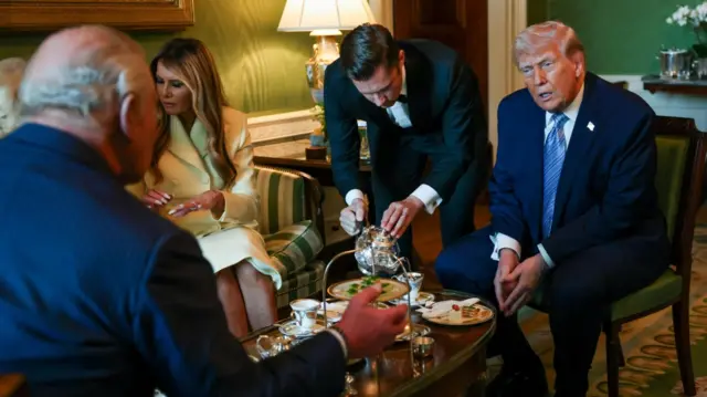 US President Donald Trump and first lady Melania Trump host Britain's King Charles and Queen Camilla for afternoon tea.