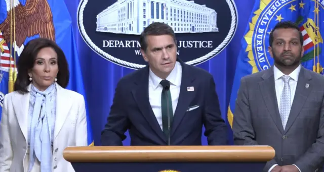 (From left) Jeanine Pirro, Todd Blanche, Kash Patel