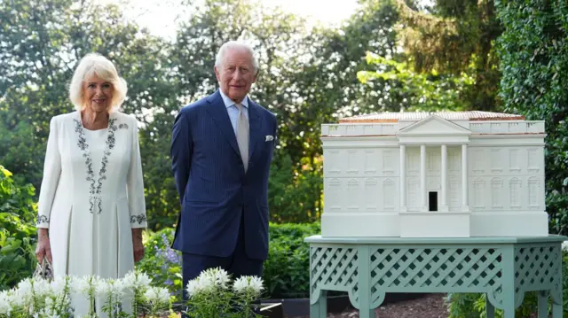 King Charles III and Queen Camilla join US President Donald Trump and First Lady Melania for a tour of the White House beehives in the grounds of the White House in Washington DC, on day one of the state visit to the US. Picture date: Monday April 27, 2026