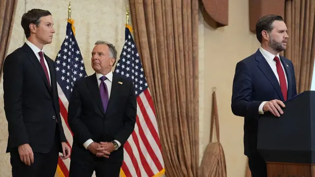 US Vice President JD Vance (R) speaks during a news conference after meeting with representatives from Pakistan and Iran, as US President Donald Trump's son-in-law Jared Kushner (L) and US Special Envoy to the Middle East Steve Witkoff (C) watch, in Islamabad on April 12, 2026