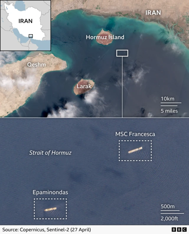 A BBC Verify graphic showing (top) the location off Hormuz Island where the ships are lying at anchor and (bottom) a close-up image of the two ships in the Strait of Hormuz