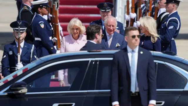 Britain's King Charles and Queen Camilla arrive for a state visit to the United States at Joint Base Andrews, Maryland, U.S., April 27, 2026.