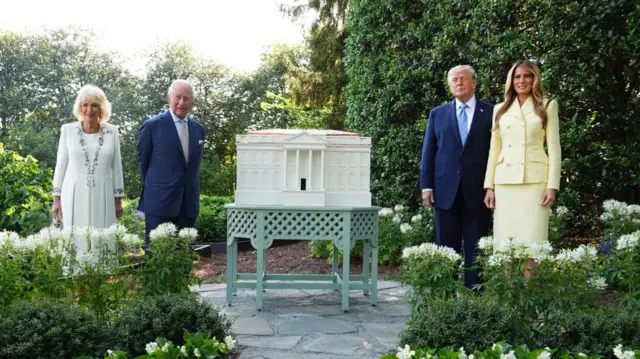 King Charles III and Queen Camilla join US President Donald Trump and First Lady Melania for a tour of the White House beehives in the grounds of the White House in Washington DC, on day one of the state visit to the US. Picture date: Monday April 27, 2026