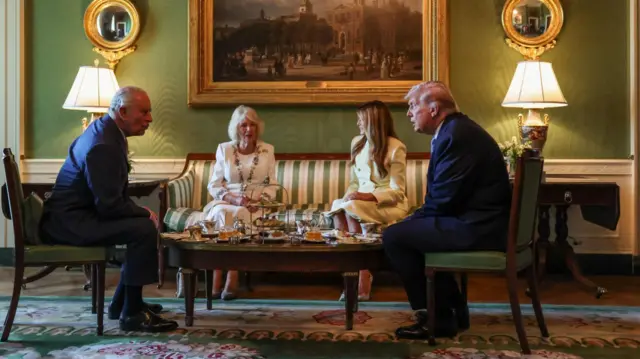 US President Donald Trump and first lady Melania Trump host Britain's King Charles and Queen Camilla for afternoon tea.