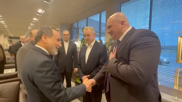 Aragchi wears a dark suit and shakes hands with officials